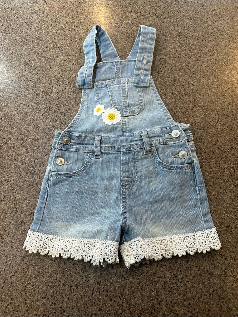 wonder nation Light Blue Denim Short Overalls with White Crochet Trim